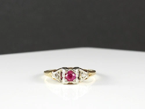 Vintage Solid 14K Yellow White Gold Ring Diamond Ruby Art Deco Style Jewelry