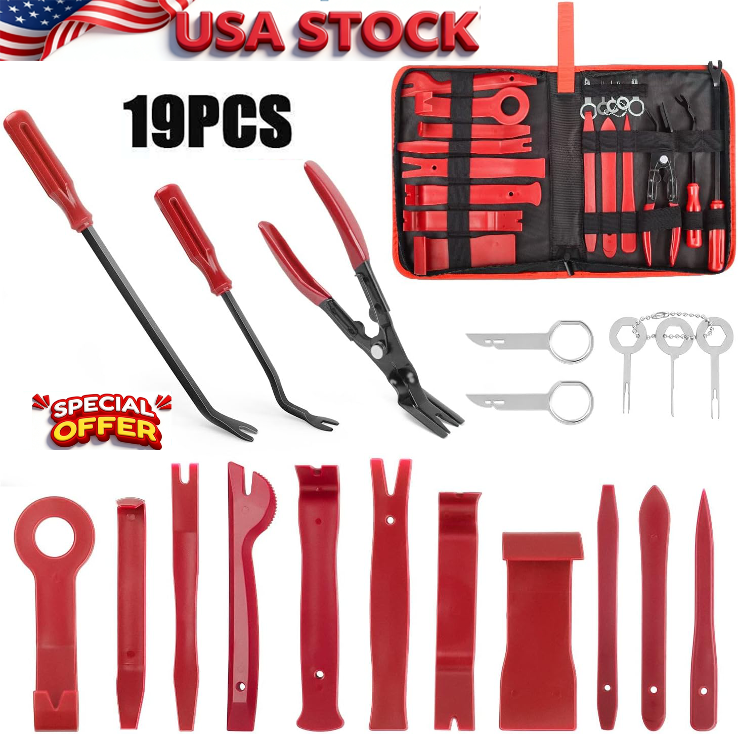 19Pcs Car Trim Removal Tool Set Hand Tools Pry Bar Panel Door Interior Clip Kit