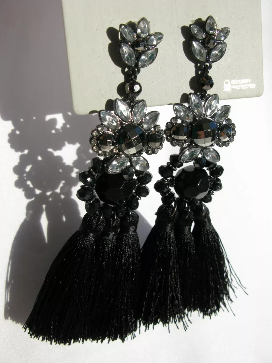Topshop Lovely Black Tassel Diamante Earrings Christmas Party NEW