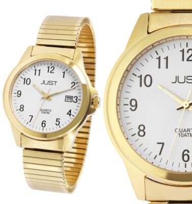 Herrenuhr Armbanduhr Gold Weiss Edelstahl Stretchband Flex Zugband JUST JU20094