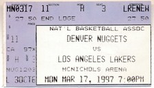 KOBE BRYANT ROOKIE SEASON LOS ANGELES LAKERS VS NUGGETS 3/17/1997 TICKET STUB