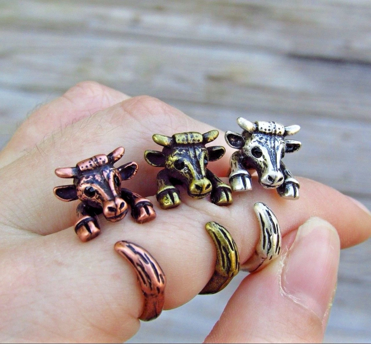 Cow Ring Adjustable Wrap Ring Silver Bronze Rose Gold Animal Farm Jewelry