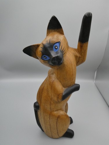 MCM Siamese Cat Solid Wood Figurines Folk Art Sculptures Hand Carved 12" 5pc Set - Picture 11 of 22