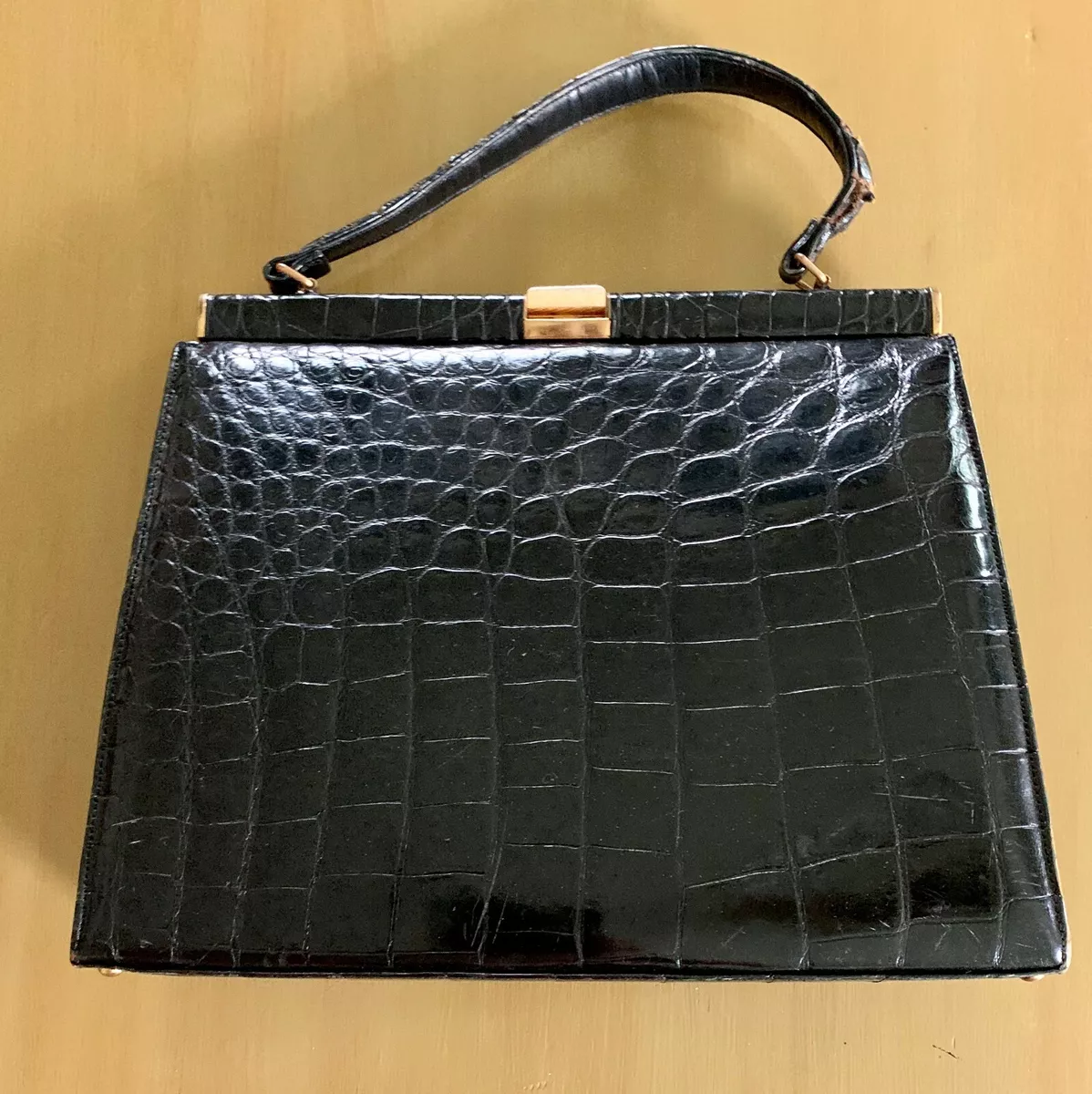 Hermes Vintage 1960s Black Crocodile Skin Top Handle Handbag