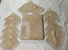 Large Beige with White Floral Tablecloth and 13 Napkins - 58" x 98"
