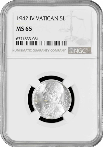 Vatican City 5 lire 1942, NGC MS65, "Pope Pius XII (1939 - 1958)" silver coin