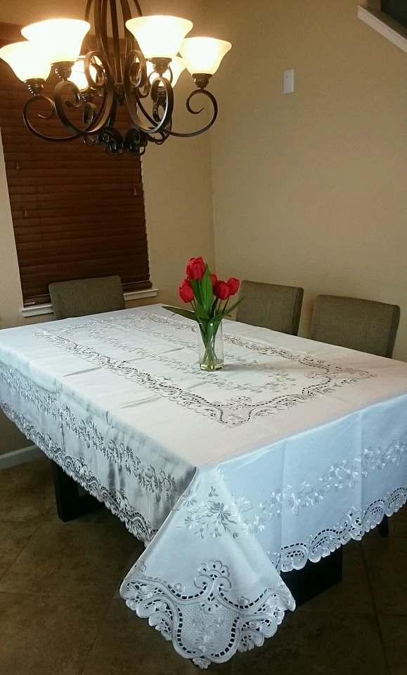 White 72x108" Embroidery Floral Cutwork Embroidered Tablecloth Wedding Church - Image 2 of 4