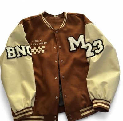 Brown Beige Varsity Jacket Men's Embroidered Logo Patch Snap Mid-Length Pockets
