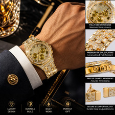 Luxury Gold Plated Triple Dial Quartz Watch with Rhinestones for Men