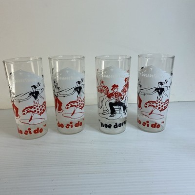 4 Vintage MCM Do Si Do Glass Square Dance Glass Tumbler  Hoe Down Countrycore