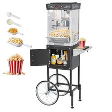 VEVOR Popcorn Machine Cart Popcorn Popper Maker 800W 8oz Kettle 48 Cups Black