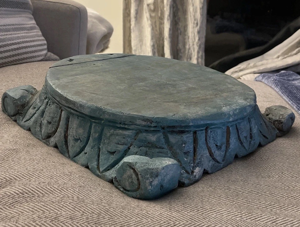 Pedestal de madera tallada elevador con base de columna arquitectónica verde turquesa GRANDE de colección Foto 4 de 4