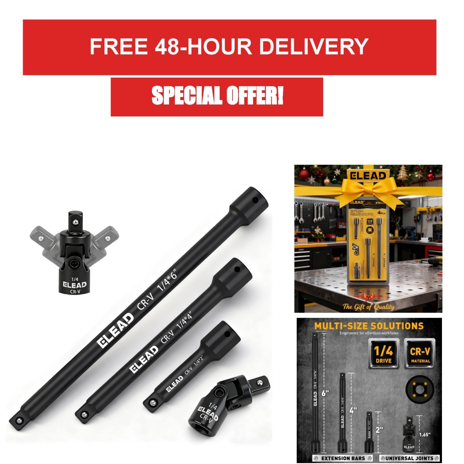 1/4 in Drive Socket Extension Set 4 Pc 2 4 6 in Universal Joint ELEAD