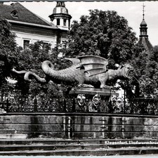 1950s Klagenfurt Austria Lindwurmbrunnen RPPC Postcard Dragon Fountain Carinthia