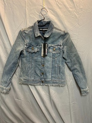 Karl Lagerfeld Paris Denim Jacket Womens 2XS Blue Cotton Frayed Hem Button Front