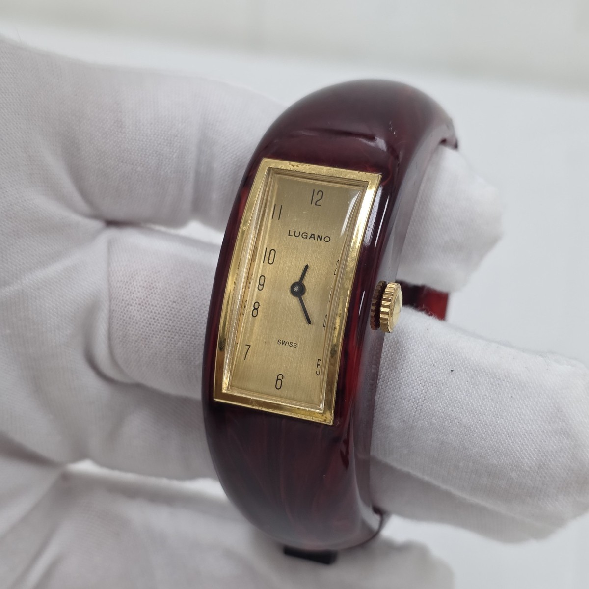 Vintage Lugano Rare Gold Tone Dial Red Bangle Bracelet Wind  display picture 1