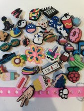 Lot of 37 Jibbitz Shoe Charms for Crocs with Bracelet - Peace Flower Guitar Dog