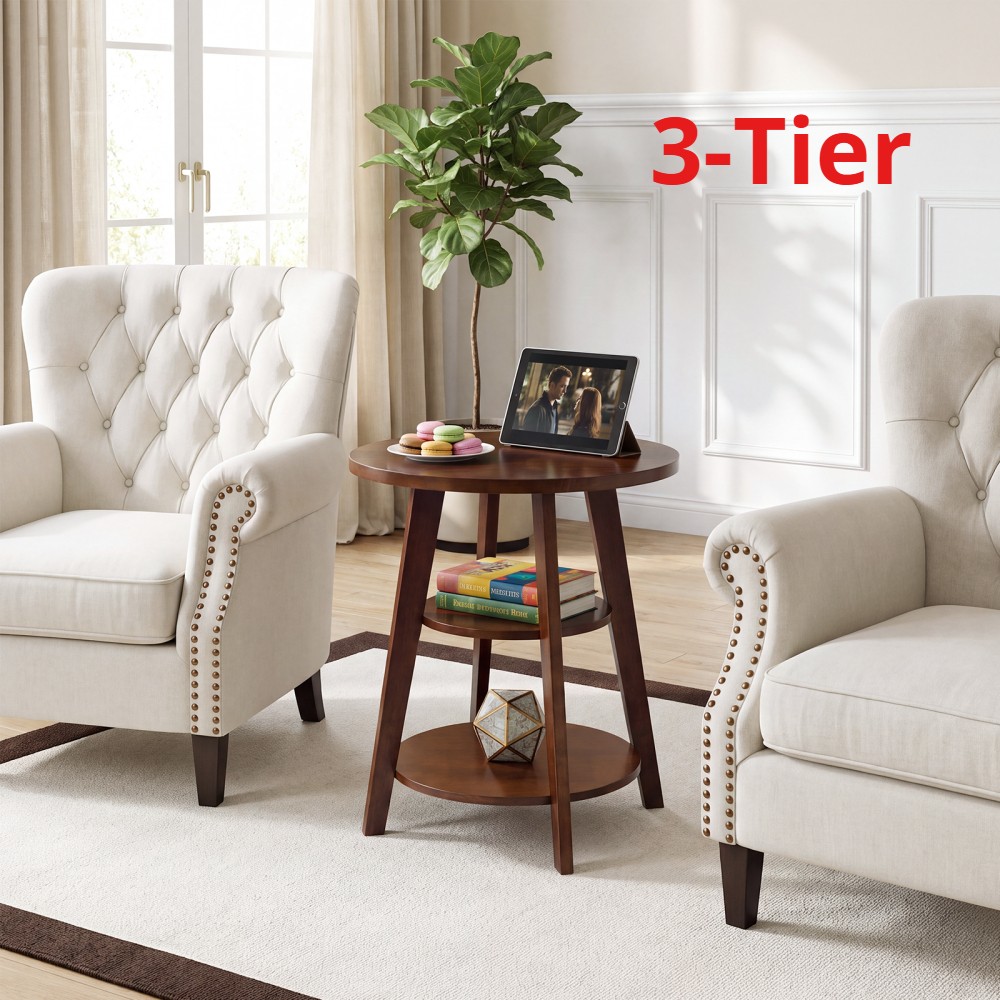 Modern Wood 3-Tier Round End Table, 23.6" Tall Side Table with Storage Shelves