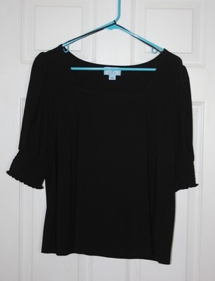 CeCe Blouse Womens XL Black Smocked Sleeve Stretch Top 3/4 Sleeve Square Neck