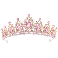 FORSEVEN Crystal Tiaras for Women, Wedding 5.8inch x 2.2inch, Gold Pink