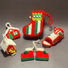 Vintage Handmade Christmas Ornaments-Needlepoint-House/Skates/Mailbox/Stocking
