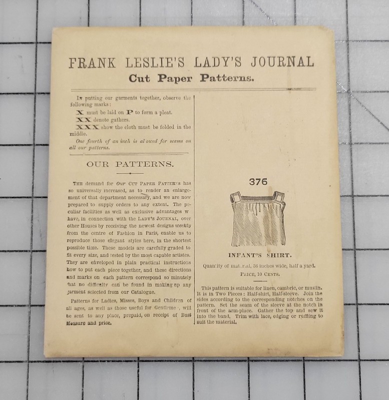 Frank Leslie's Lady's Cut Paper Pattern #376 1870s Infant Shirt Unprinted
