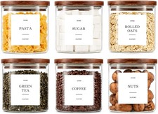Set of 6 Glass Pantry Jars with Acacia Wood Lids, 21oz Airtight Pantry Storage