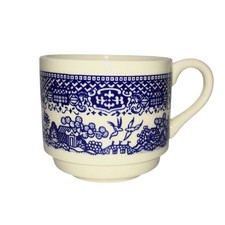 Vintage SCIO Pottery Blue Willow Tea Coffee Cup Flat Mug Stackable Made in USA