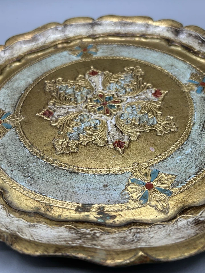 Bandeja de madera ITALIANA FLORENTINA DE COLECCIÓN ORNAMENTADA VERDE ROJO ORO DORADO 9,5 ¡REDONDA ITALIA! Foto 2 de 4