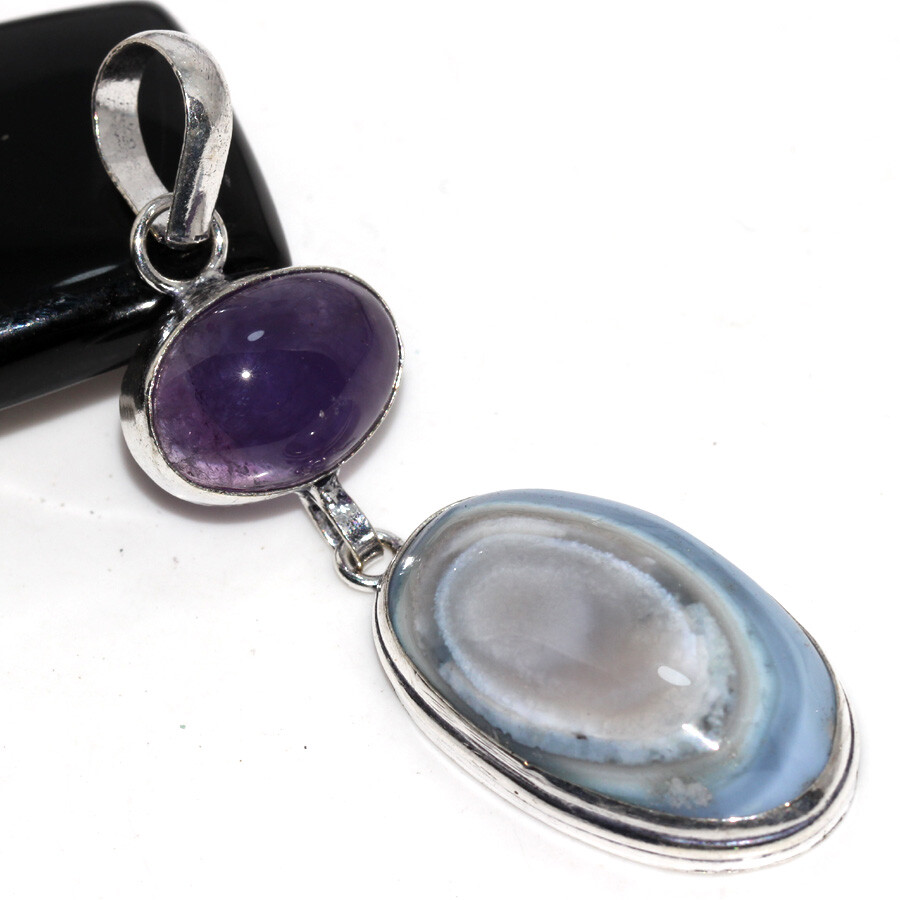 Owhyee Eye Opal Natural Amethyst 925 Silver Plated Long Pendant 2.7