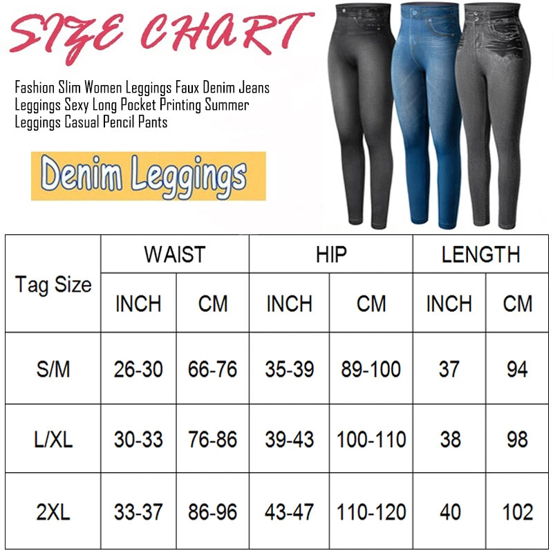 High Waist Denim Print Fake Faux Jeans Leggings Women Skinny Pants Trousers US - Image 2 of 4
