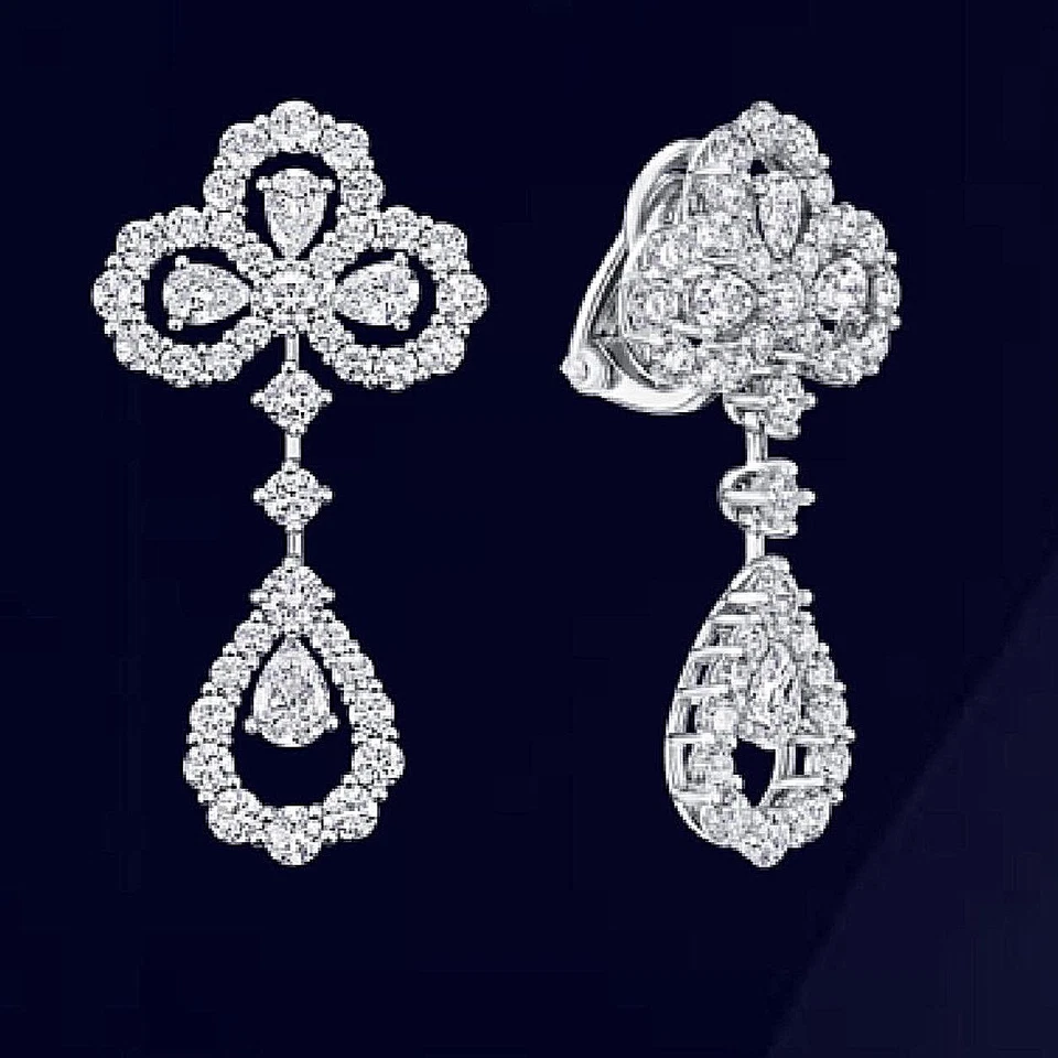 耳环 14k 白色黄色或玫瑰金钻石花卉吊坠吊灯 — 第 2/2 张图片