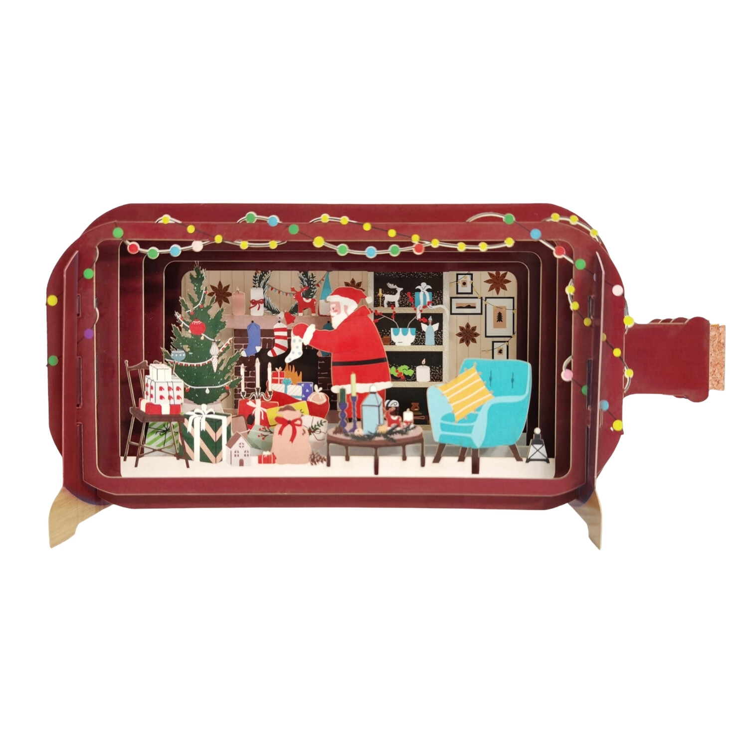 Message In A Bottle Santa Filling Stockings Pop Up Christmas Greeting Card