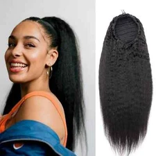 Kinky Straight Ponytail Human Hair Extension Wrap Around Drawstring In Ponytail