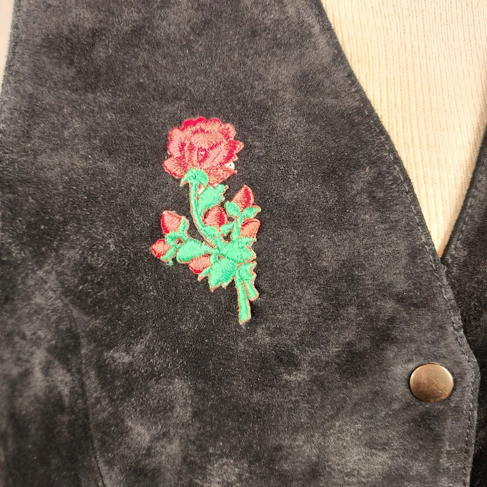 Chaleco de cuero gamuza con botones Gitano vintage bolsillos negro talla grande rosa *LEER* Foto 2 de 4