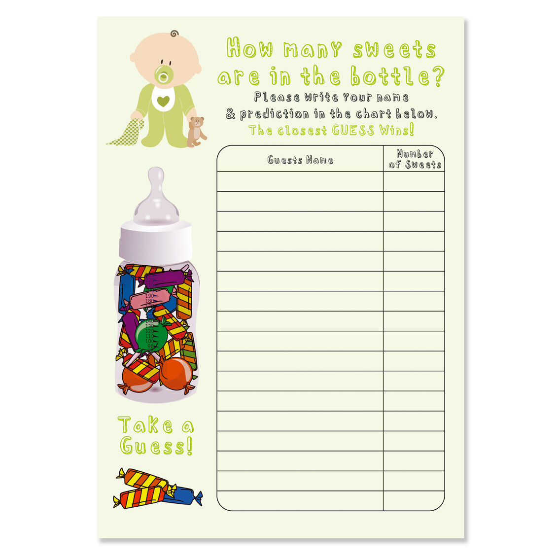 Guess How Many Sweets in Bottle Baby Shower Game Boy Girl Unisex