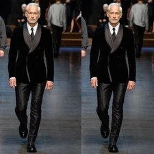 Black Velvet Men's Suits Double Breasted Fashion Tuxedos Wedding Groom Blazer