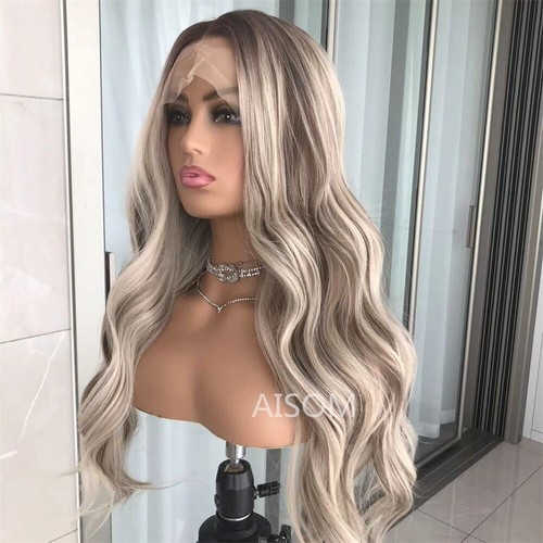 Parrucche sintetiche frontali Body Wave Highlight Cenere Biondo Cenere Pizzo Pre Spuffate Lunghe Ondulate - Foto 19 di 34
