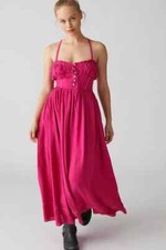 UO Cora Linen Open Back Midi Dress Urban Outfitters Pink Adjustable Tie XS NEW