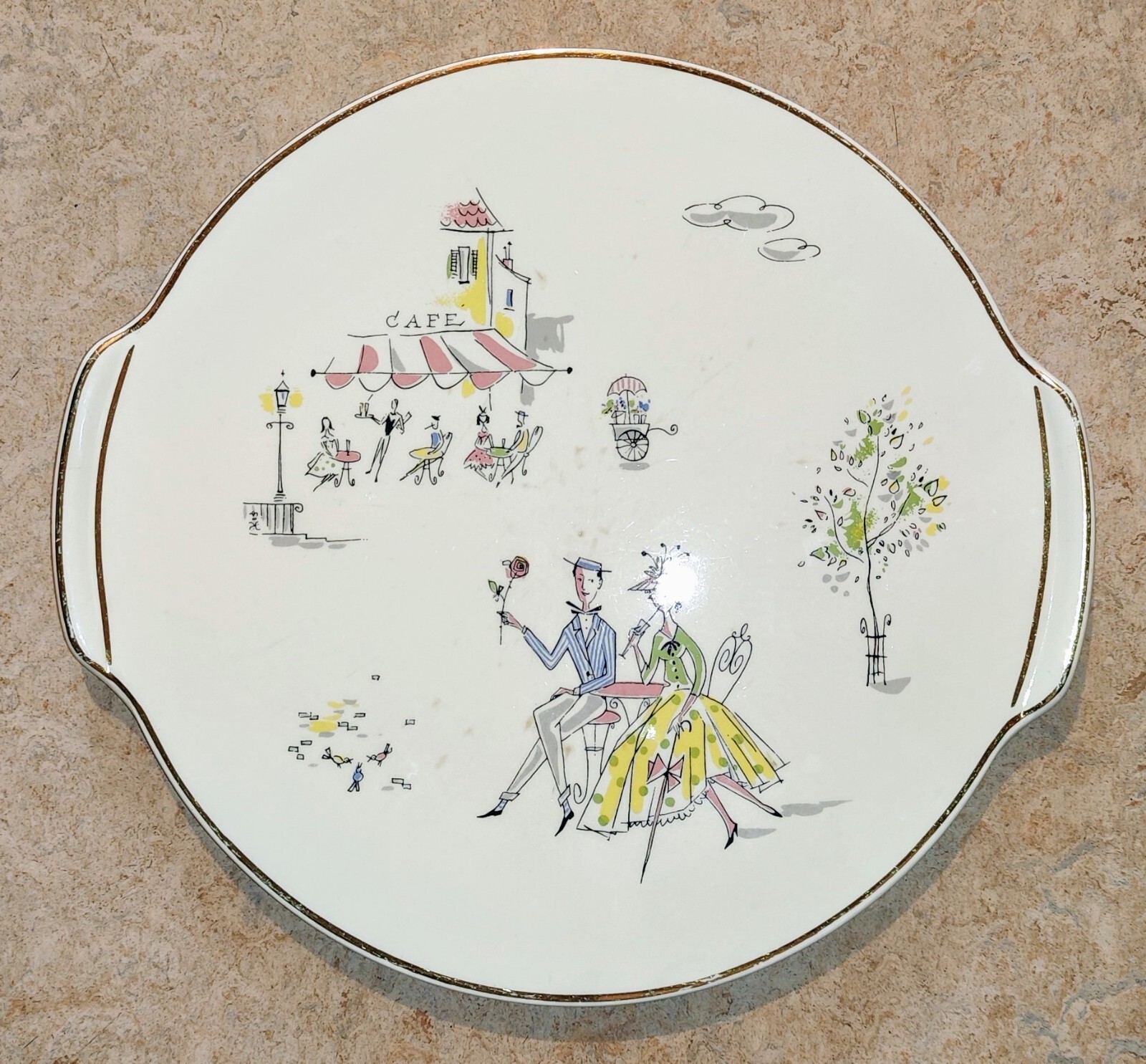Kuchenplatte/Tortenplatte 50er Jahre Grünstadt Keramik 98707 "Café de Paris"