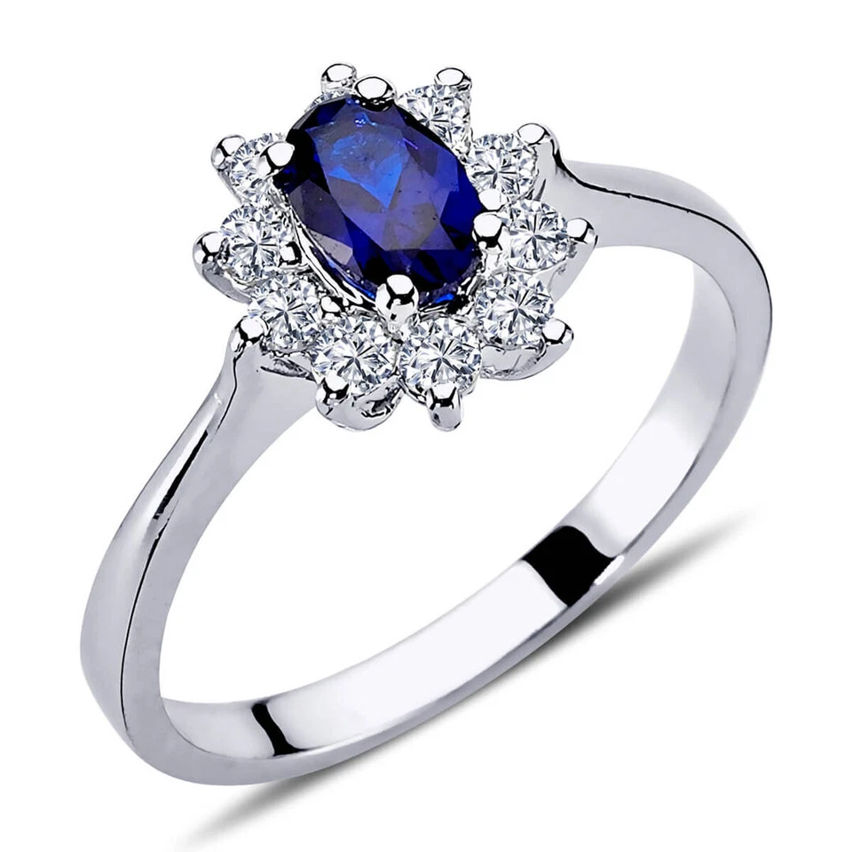 Halo Diamant Oval Saphir Entourage Ring 14 Karat Weißgold - Bild 1 von 3