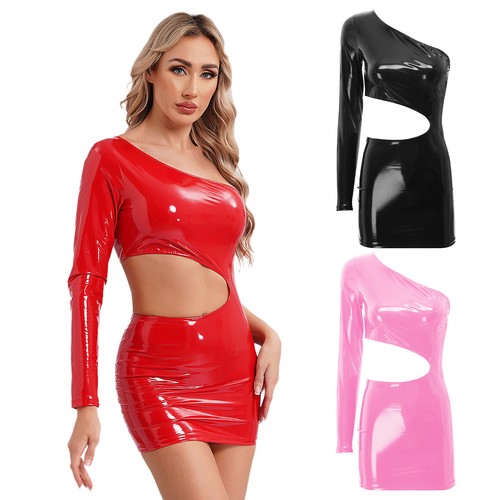 Women PU Leather Wet Look Dress Hollow Out Bodycon Dresses Sexy Clubwear Shiny
