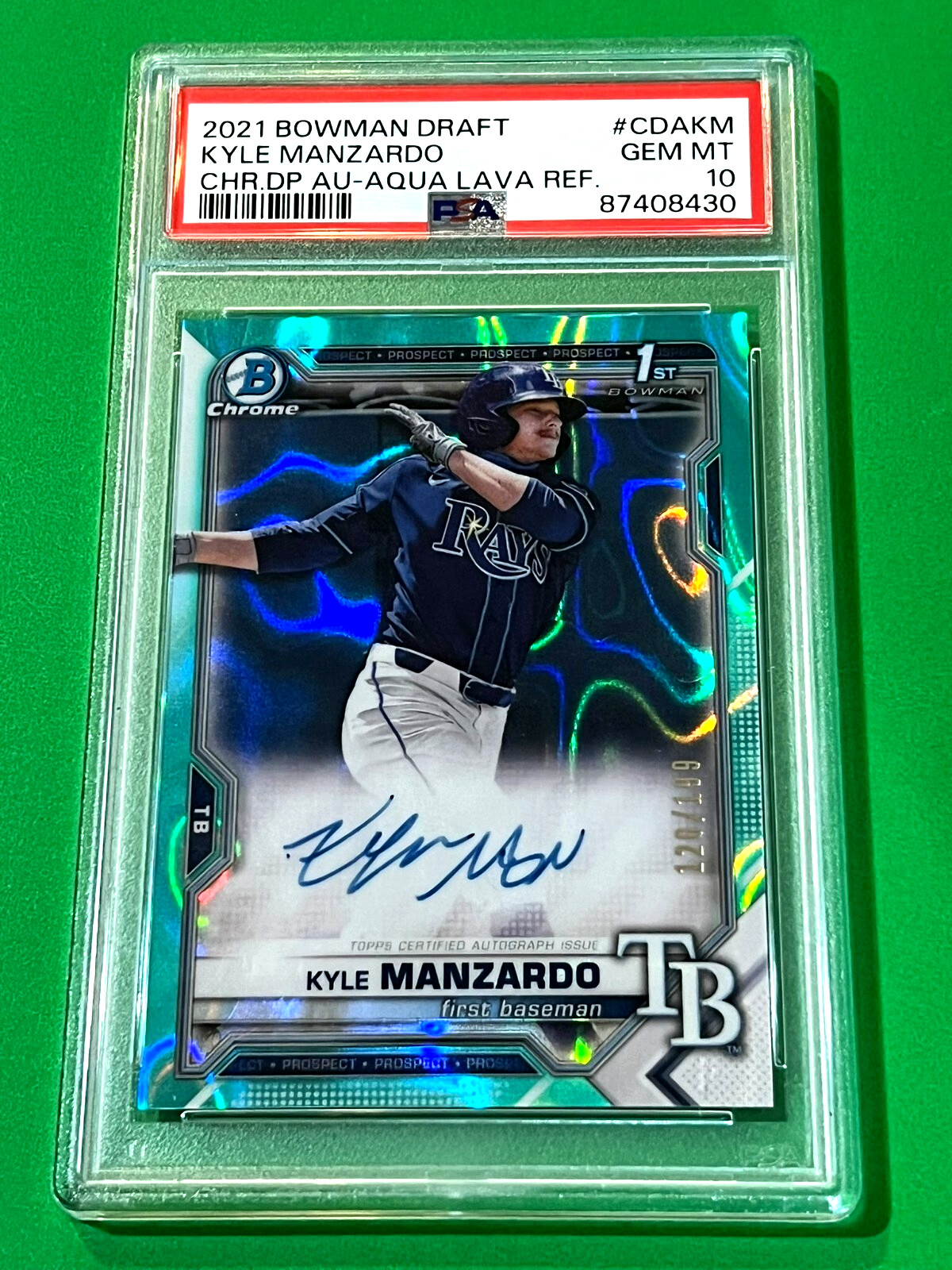 2021 Bowman Chrome 1st Kyle Manzardo Aqua Lava Refractor 120/199 PSA 10 GUARDS