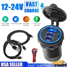 USB C Fast Car Charger 3 Port PD & QC3.0 Outlet Socket for 12-24V Boat RV Marine