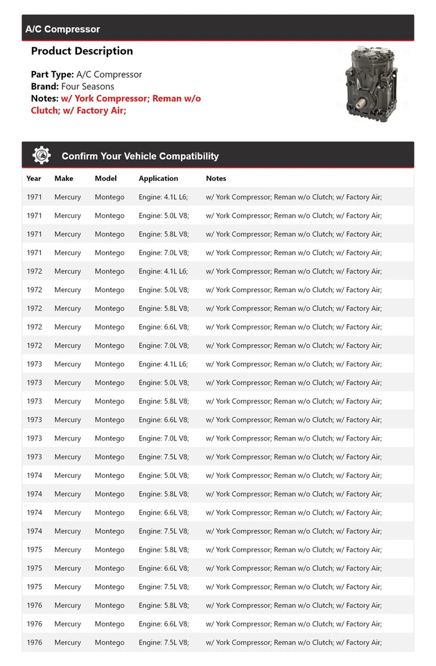 Compresor de aire acondicionado Mercury Montego 1971-1976 4 estaciones 1972 1973 1974 1975 Foto 2 de 4