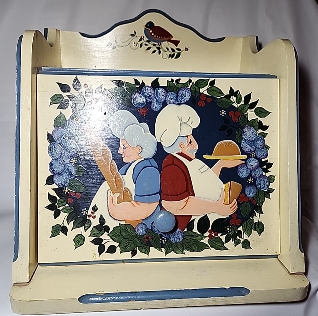 Wood Bread Box 1980's Blue Country Trim Granny Core Tole Painting Baker Couple