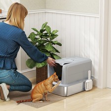 2 in 1 Stainless Steel Cat Litter Box with Removable Lid, Gray