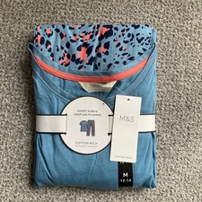 BNWT M&S Smokey Blue T-shirt & Crop Leg Pyjamas Set Ribbon Bound Size M (12-14)