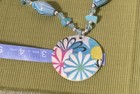 Vntg Disc Medallion Hand Painted Mother of Pearl Pendant Necklace Blue GlasBeads — photo 5