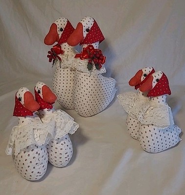 White Strawberry Handmade Fabric Christmas Farmhouse  Geese Lace Holly Berries